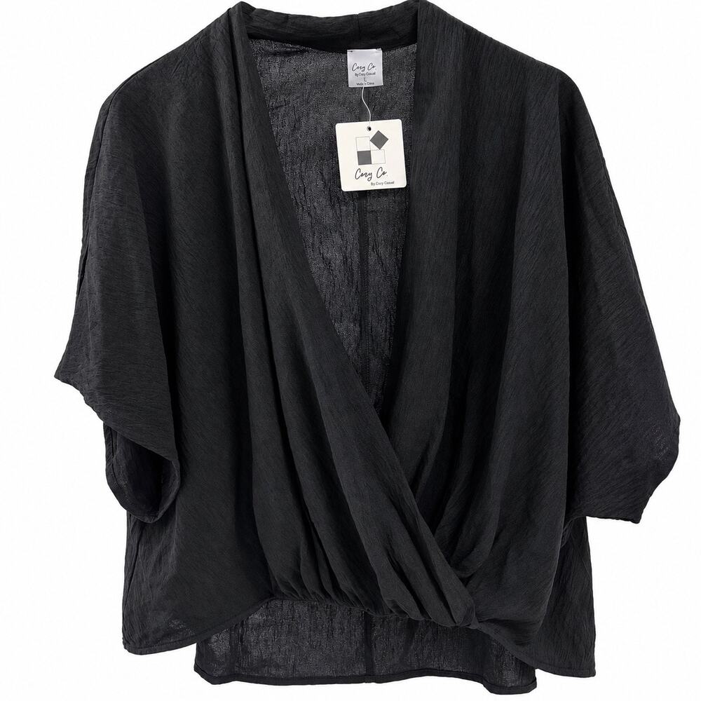 Cozy Co Women’s L Black Surplice Blouse Dolman Sleeve Draped Sheer NWT